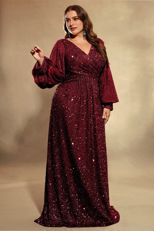 Easelyn Plus-Size Lantern-Sleeve Sequin Maxi Dress front view, full length