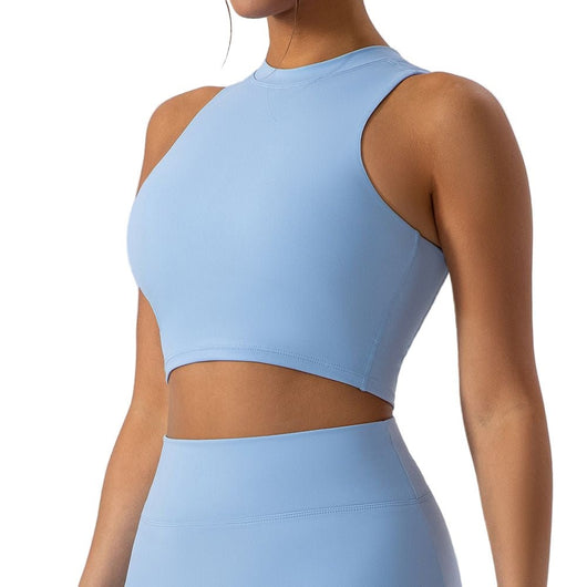 Easelyn High-Neck Sports Bra in blue, three-quarter view