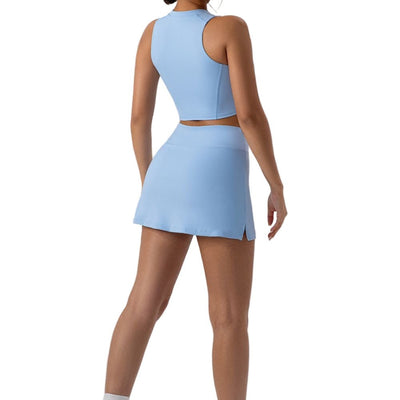 Easelyn High-Neck Sports Bra in blue, styled back view
