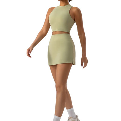 Easelyn High-Neck Sports Bra in green, styled walking view