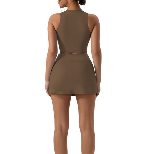 Easelyn High-Neck Sports Bra in brown, styled back view