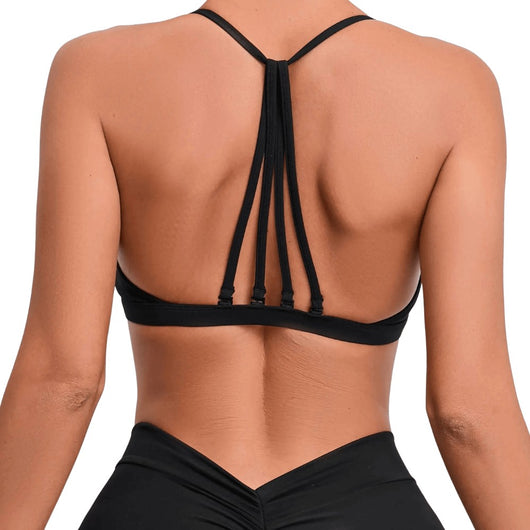 Easelyn Strappy-Back Wireless Bralette in black, back view showing the strappy back