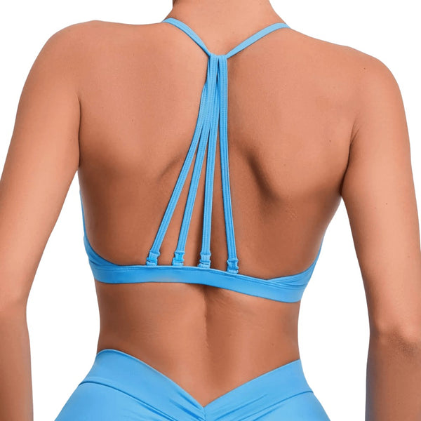 Easelyn Strappy-Back Wireless Bralette in blue, back view showing the strappy back