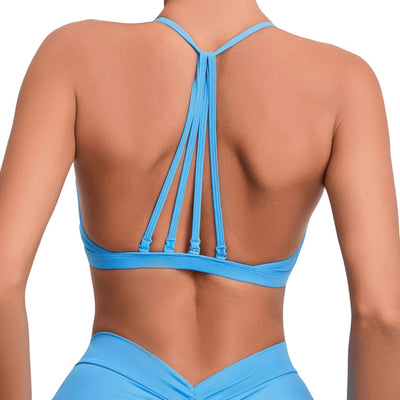 Easelyn Strappy-Back Wireless Bralette in blue, back view showing the strappy back