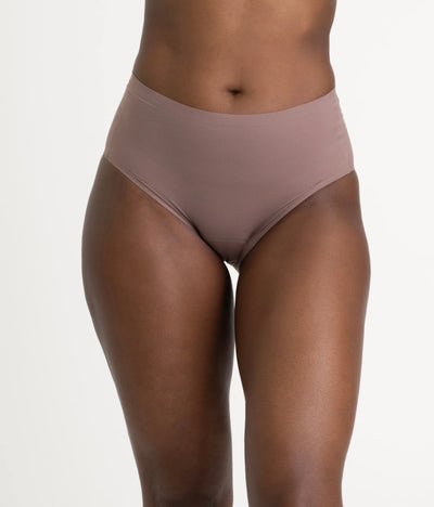 Easelyn Leakproof Seamless High-Waist Period Brief in deep umber, front view on model