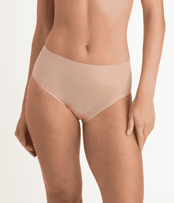 Easelyn Leakproof Seamless High-Waist Period Brief in warm wheat, front view on model