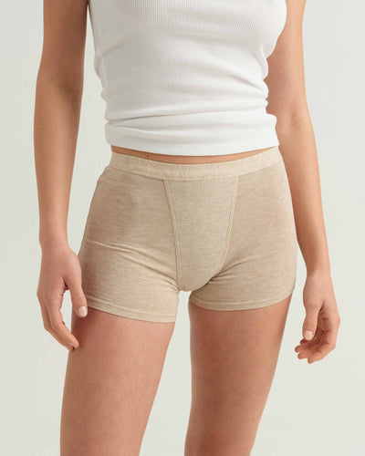 Easelyn Overnight Leakproof Sleep Short in seashell, front view on model showing the soft heathered cotton