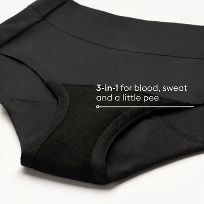 Easelyn Smoothing High-Waist Leakproof Brief in black, close-up of the absorbent gusset