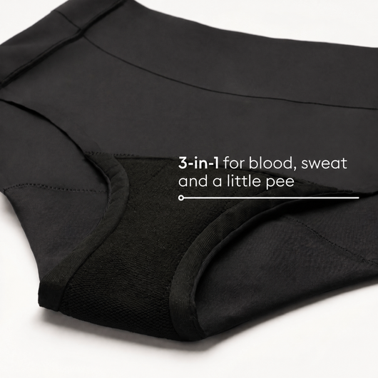 Easelyn Smoothing High-Waist Leakproof Brief in black, close-up of the absorbent gusset
