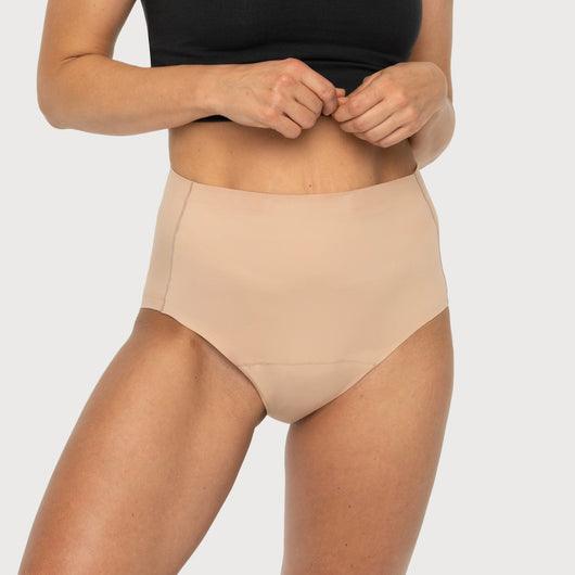 Easelyn Smoothing High-Waist Leakproof Brief in beige, front view on model
