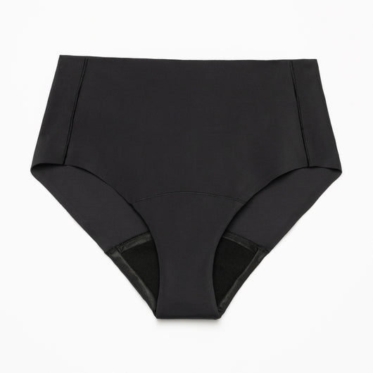 Easelyn Smoothing High-Waist Leakproof Brief in black, flat lay showing the high-waist cut