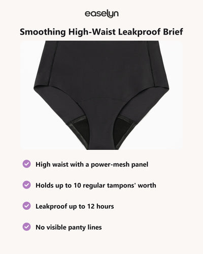 Easelyn Smoothing High-Waist Leakproof Brief in black, feature card: high waist with power-mesh panel, holds up to 10 regular tampons' worth, leakproof up to 12 hours