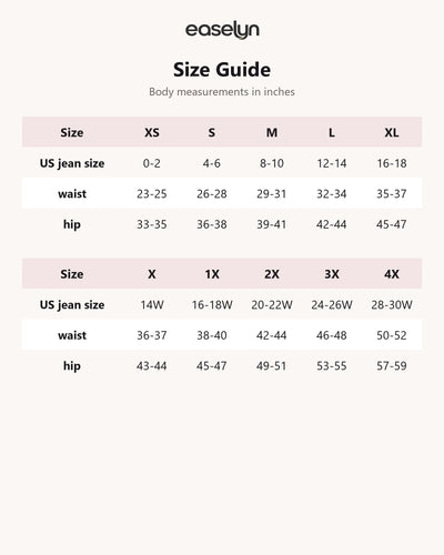 Easelyn Smoothing High-Waist Leakproof Brief size guide in inches, XS to 4X