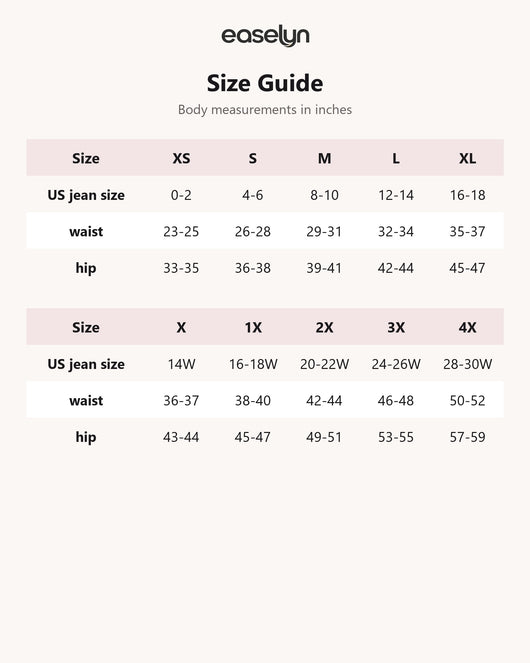 Easelyn Smoothing High-Waist Leakproof Brief size guide in inches, XS to 4X