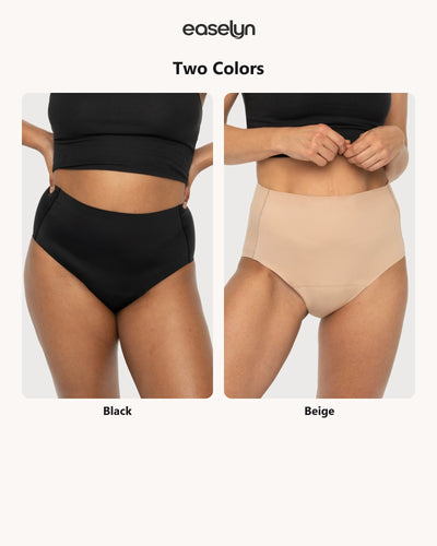 Easelyn Smoothing High-Waist Leakproof Brief in black and beige, both colors side by side