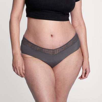 Easelyn Soft-Stretch Period Hiphugger in slate, front view on a curvy model