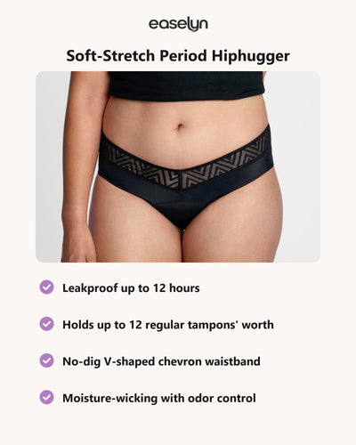 Easelyn Soft-Stretch Period Hiphugger in black, feature card: leakproof up to 12 hours, holds up to 12 regular tampons' worth, no-dig chevron waistband