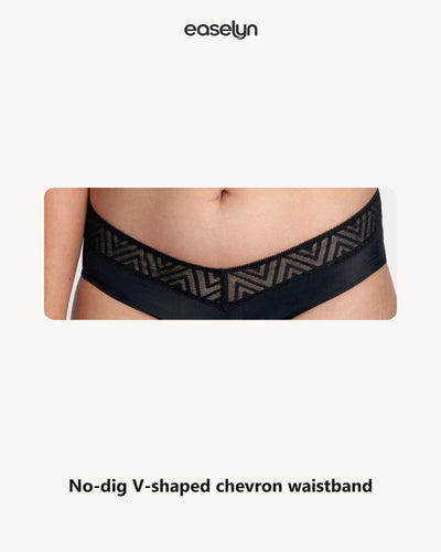 Easelyn Soft-Stretch Period Hiphugger in black, close-up of the V-shaped chevron waistband