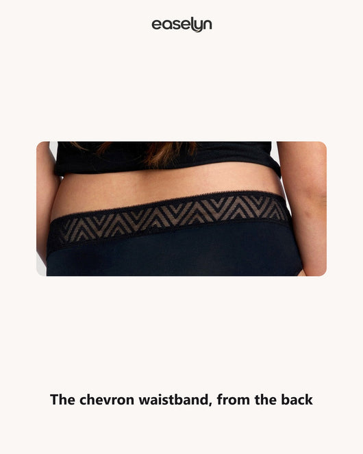 Easelyn Soft-Stretch Period Hiphugger in black, back view of the waistband at waist level
