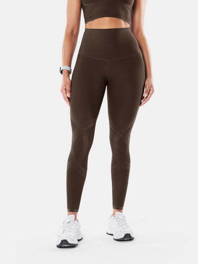 Easelyn Butt-Lifting Sculpt Leggings in chocolate brown, front view on model showing the high waistband