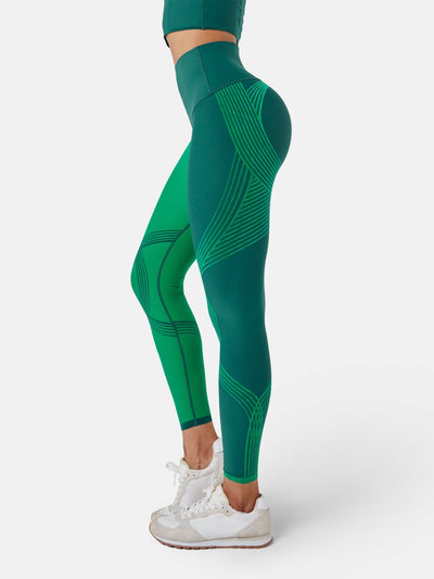 Easelyn Butt-Lifting Sculpt Leggings in forest green/oasis green, side view showing the two-tone colorblock