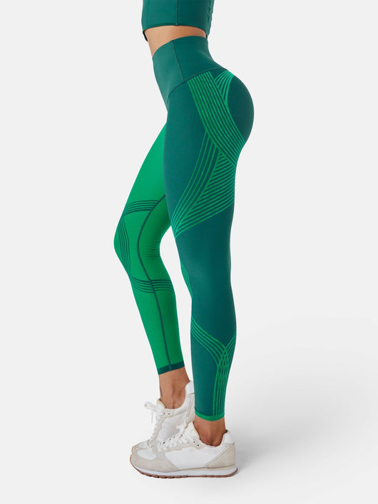 Easelyn Butt-Lifting Sculpt Leggings in forest green/oasis green, side view showing the two-tone colorblock