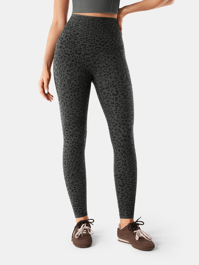 Easelyn Built-In Resistance Band Leggings in Gray Leopard, front view from the waist down showing the high waistband and full length