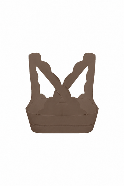 Easelyn Classic Cross-Back Sports Bra in Desert Truffle, flat back view of the crossed scalloped straps