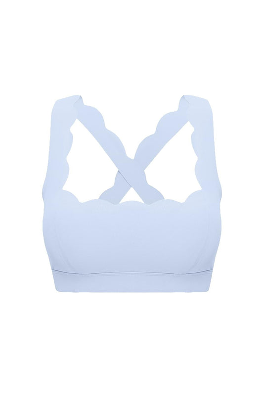 Easelyn Classic Cross-Back Sports Bra in Heavenly Blue, flat front view