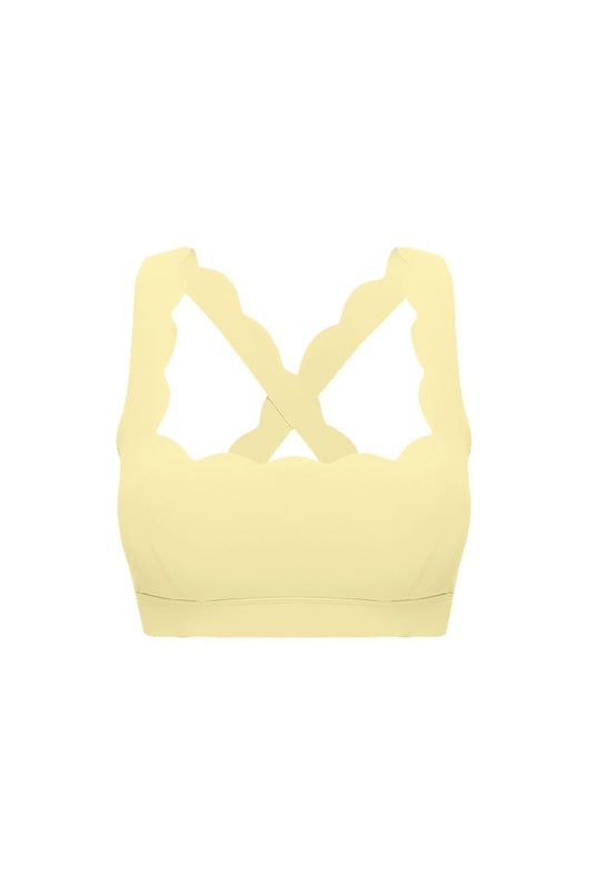Easelyn Classic Cross-Back Sports Bra in Lemon Drop, flat front view