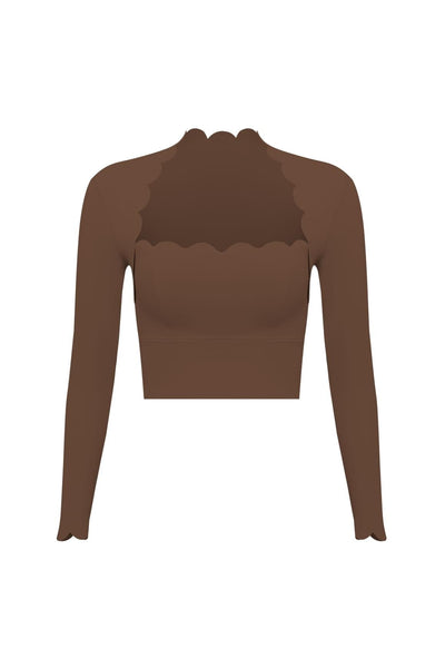 Easelyn Scallop-Edge Long-Sleeve Workout Crop Top in Roasted Cocoa, Classic length, flat front view