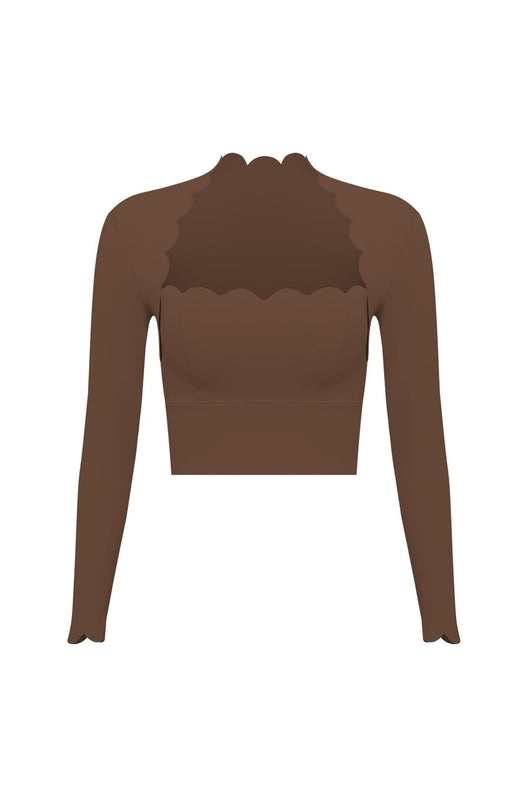 Easelyn Scallop-Edge Long-Sleeve Workout Crop Top in Roasted Cocoa, Classic length, flat front view