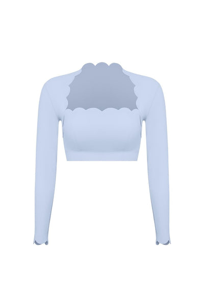 Easelyn Scallop-Edge Long-Sleeve Workout Crop Top in Heavenly Blue, Mini length, flat front view