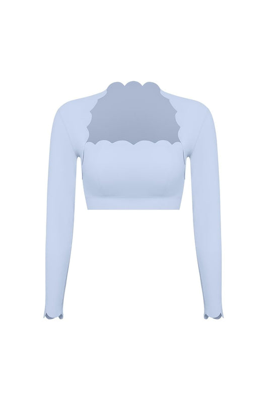 Easelyn Scallop-Edge Long-Sleeve Workout Crop Top in Heavenly Blue, Mini length, flat front view