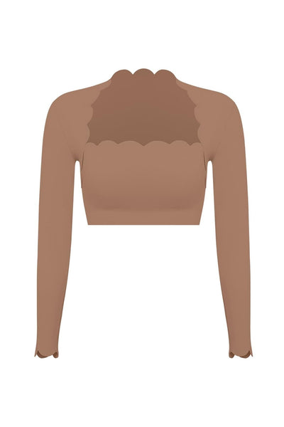 Easelyn Scallop-Edge Long-Sleeve Workout Crop Top in Tuscan Tan, Mini length, flat front view