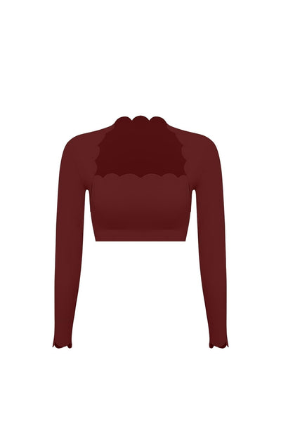 Easelyn Scallop-Edge Long-Sleeve Workout Crop Top in Mulled Wine, Mini length, flat front view