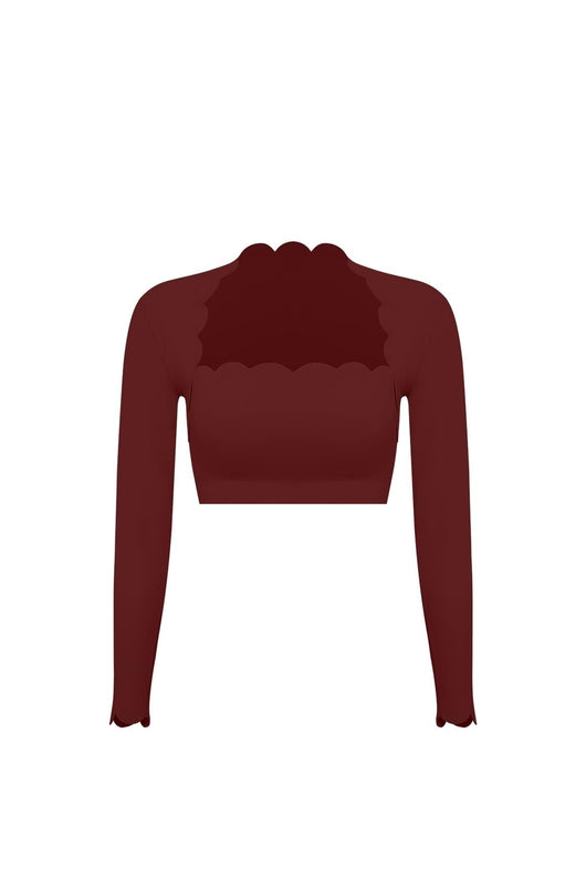 Easelyn Scallop-Edge Long-Sleeve Workout Crop Top in Mulled Wine, Mini length, flat front view