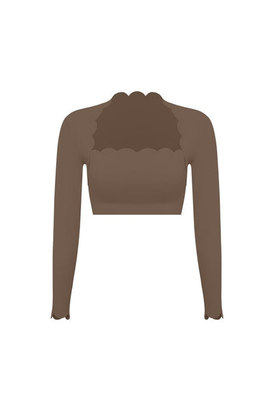 Easelyn Scallop-Edge Long-Sleeve Workout Crop Top in Desert Truffle, Mini length, flat front view