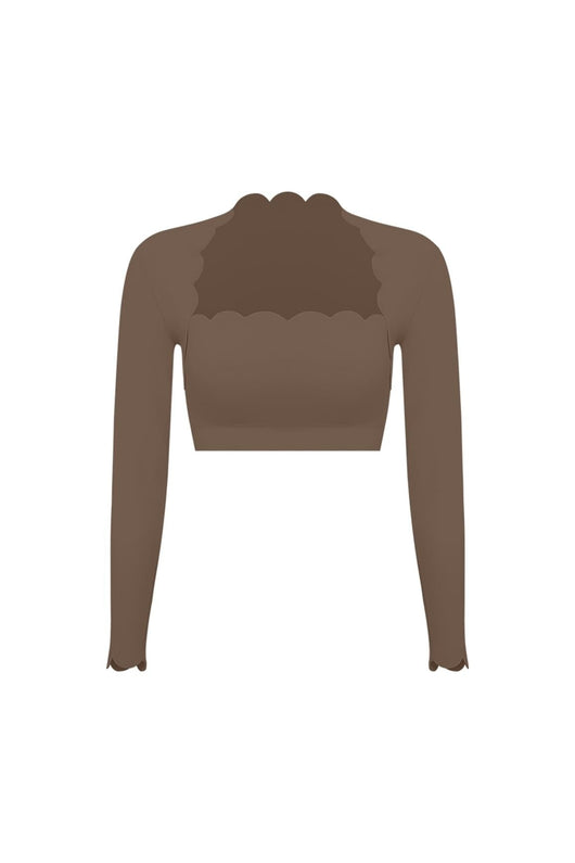Easelyn Scallop-Edge Long-Sleeve Workout Crop Top in Desert Truffle, Mini length, flat front view