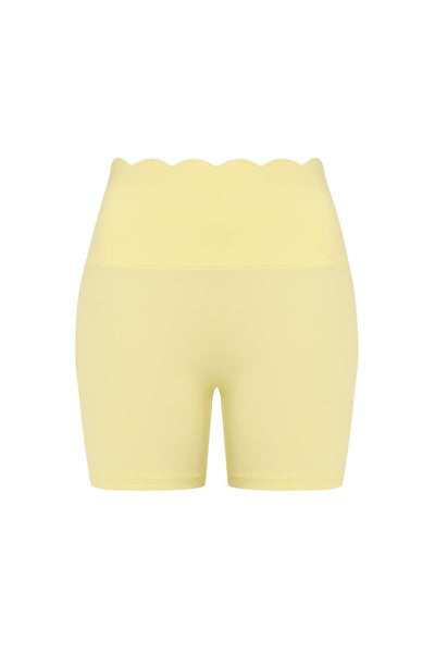 Easelyn High-Waist Scrunch Biker Shorts in Lemon Drop, flat front view