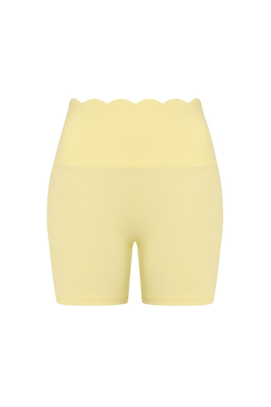 Easelyn High-Waist Scrunch Biker Shorts in Lemon Drop, flat front view