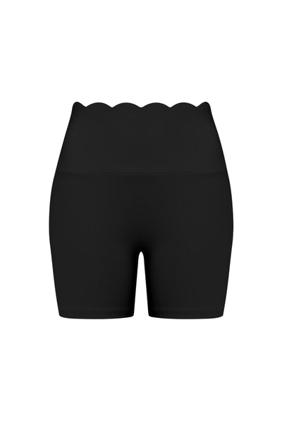 Easelyn High-Waist Scrunch Biker Shorts in Black, flat front view showing the scalloped high waistband