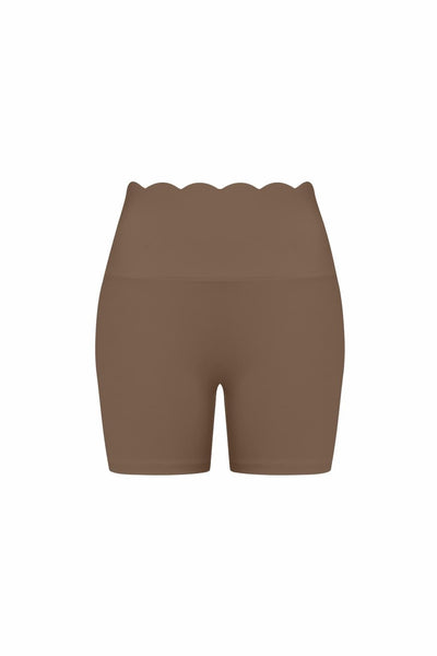 Easelyn High-Waist Scrunch Biker Shorts in Desert Truffle, flat front view