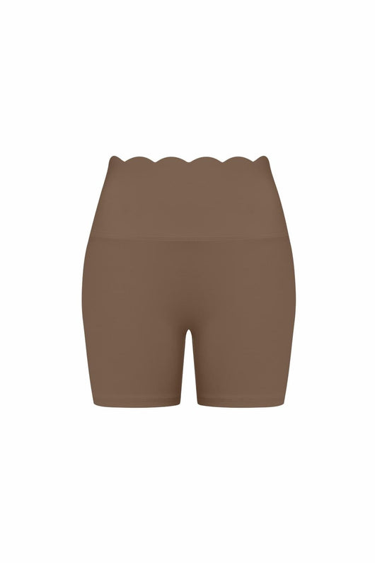 Easelyn High-Waist Scrunch Biker Shorts in Desert Truffle, flat front view