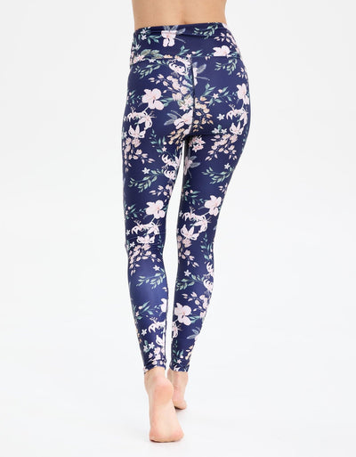 Easelyn UPF 50+ High-Rise Swim Leggings in Tropical Navy Floral, back view from the waist down showing the high-rise waistband and back seams