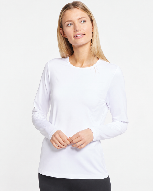 Easelyn UPF 50+ Long-Sleeve Sun Shirt in White, front view on model