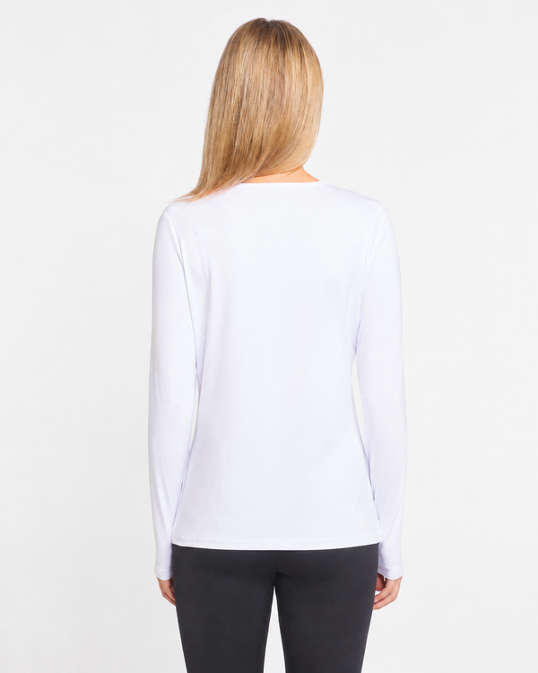 Easelyn UPF 50+ Long-Sleeve Sun Shirt in White, back view on model