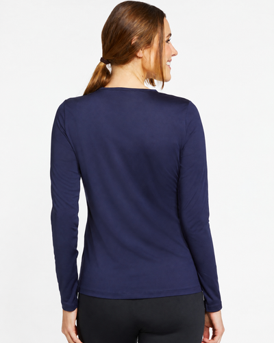 Easelyn UPF 50+ Long-Sleeve Sun Shirt in Navy, back view on model