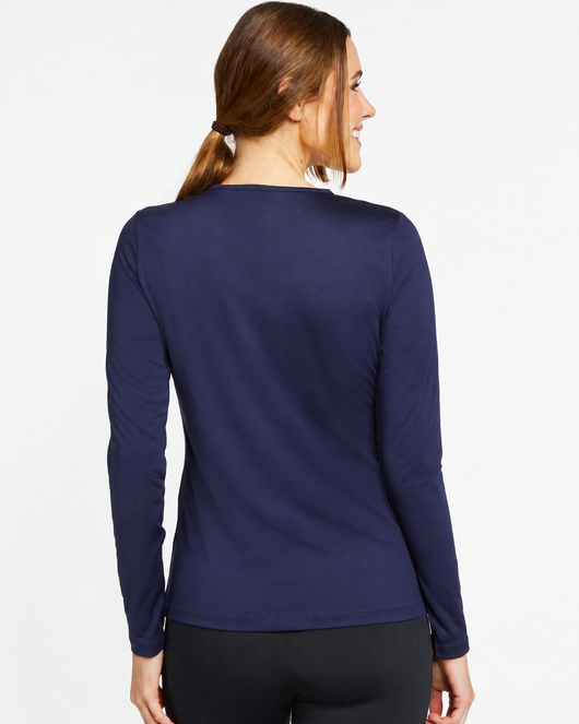 Easelyn UPF 50+ Long-Sleeve Sun Shirt in Navy, back view on model