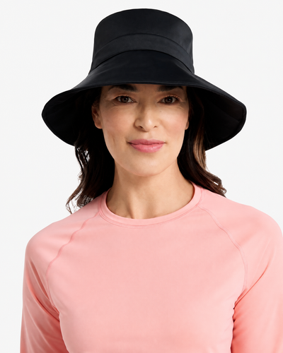 Easelyn UPF 50+ Wide-Brim Sun Hat in Black, close front view on model